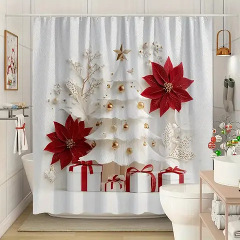 Luxurious golden Christmas tree and red floral design, Decorative shower curtain, perfect for bathroom decoration, partitions, enhancing the space, waterproof, wear-resistant, easy to clean, machine washable, comes with shower curtain hooks