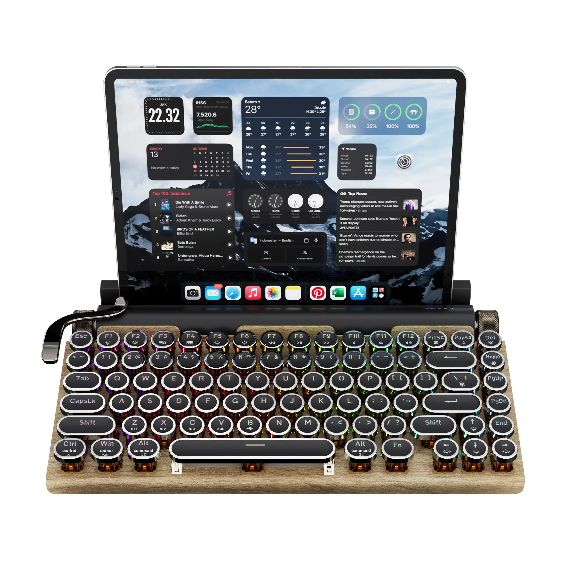 7KEYS Retro Wireless Mechanical Tablet Keyboard - RGB Backlit, Tri-Mode Bluetooth 5.0-2.4G-USB-C, Built-In iPad Stand, Leather Wrist Rest, Compact Vintage Modern Tablet Keyboard for iPad, Mac, Windows Devices, Tablet Keyboards, Modern Tablet Keyboards