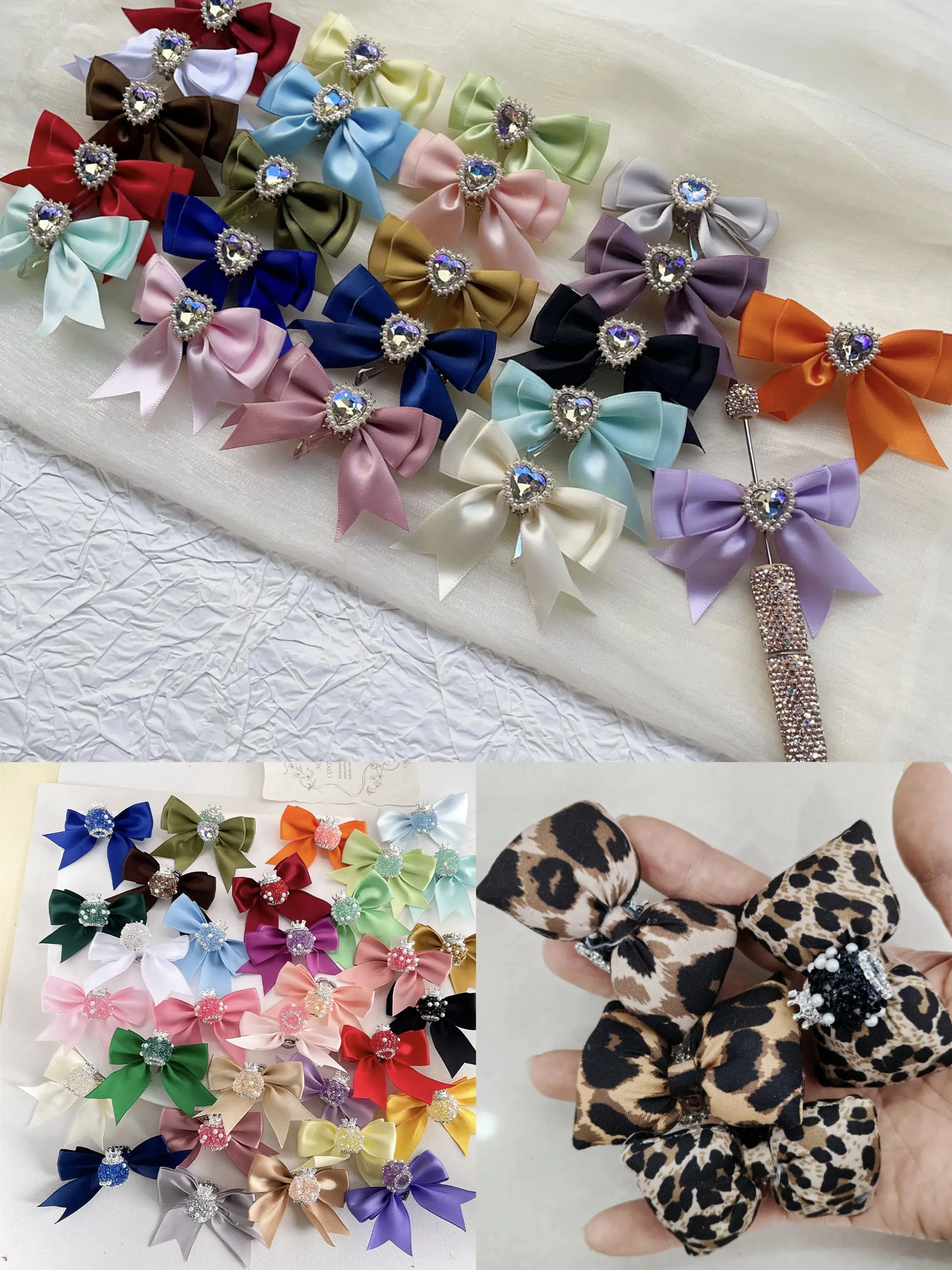 Ltty-T4-Heart Rhinestone Satin Bow Charms and Leopard Print Fabric Bow Charms