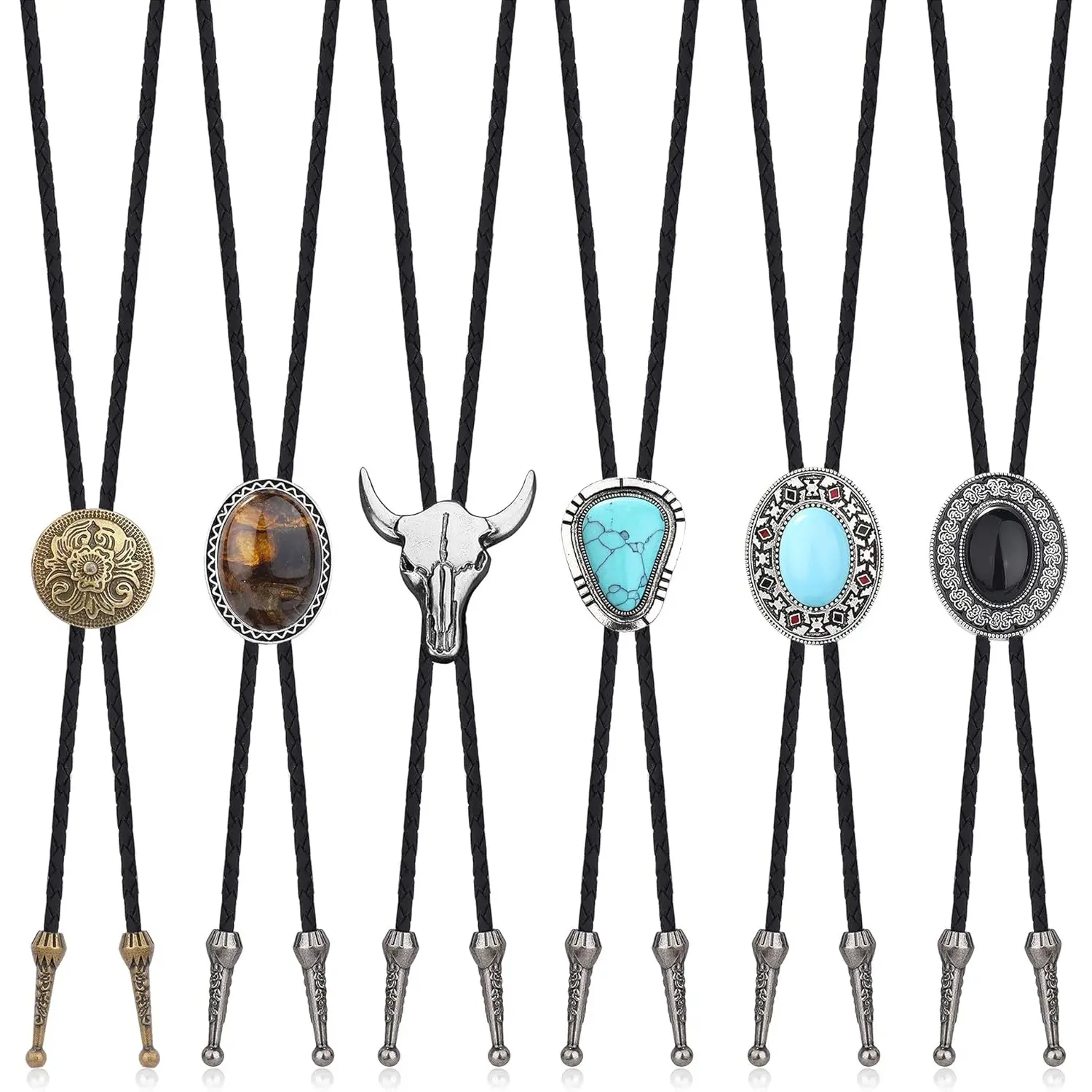 Unisex Bolo Ties 6-Piece Set, Handbraided Vintage Western Leather Neckties with Natural Stones, Adjustable 100cm for Wedding, Ceremony, Business Casual, Engagement, Anniversary, 6-Piece Set Neckties, Unisex Style Set