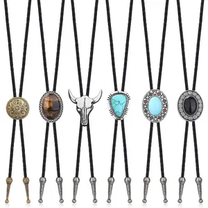 Milacolato Bolo Tie,Handmade Vintage Bolo Ties for Men Western Cowboy Leather Necktie with Natural Tiger Eye Stone Costume Accessories for Men Women 6Pcs