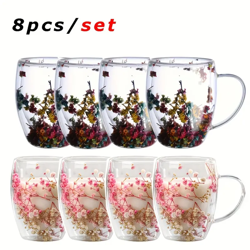 4/8pcs Insulated Double-Layer Borosilicate Glass Mug 250/350ml – Coffee & Tea Cup with Handle, Pink & Multi-Color, Dried Flower Design, Starry Sky Aesthetic, Gift-Ready Drinkware