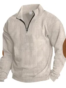 Men's Fall Winter Casual Fleece Lined Hoodie, Half-Zipper Patchwork Design, Long Sleeve Stand Collar Sweatshirt for Men