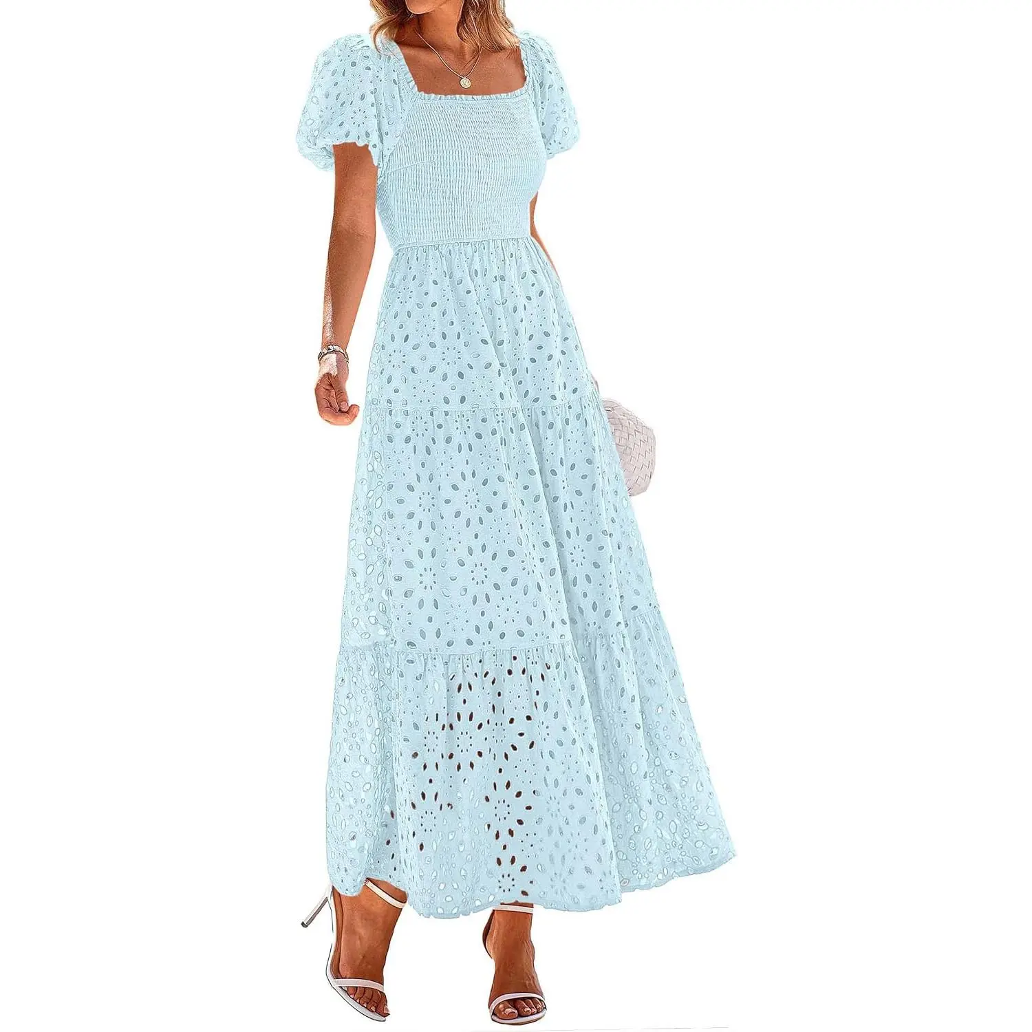 Womens Summer Eyelet Maxi Wedding Guest Dress | Square Neck Puff Short Sleeve Smocked Flowy Dresses, Cotton, With Pockets, Dress for Bridal Shower, Garden Party, Vacation