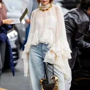 Ocean Style Elegant Mesh Ruffle Long Sleeve Shirt for Women, 2026 Spring New Sheer Tulle Wood Ear Edge Blouse, Casual Daily Streetwear Office Tops