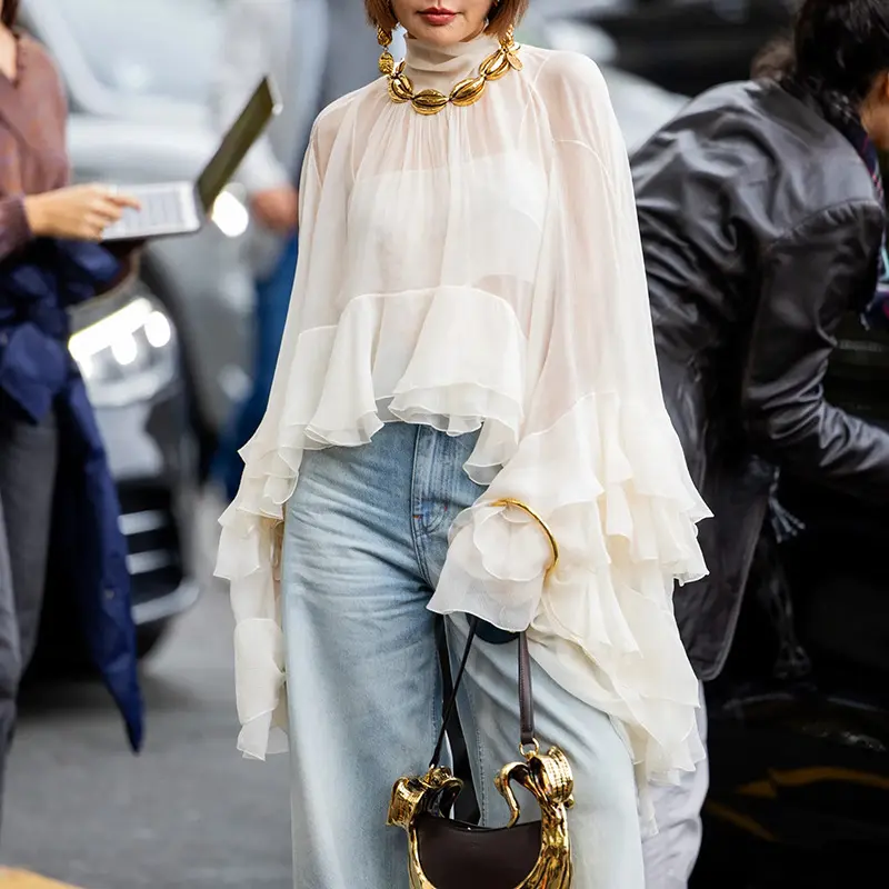 Women's 2026 Spring New Ocean-Style Elegant Basic Mesh Ruffle Long-Sleeve Comfy Blouse - Sheer Tulle Ruffled Edge Plus Size Fashion Top, Suitable for Casual Daily, Business Casual Wear, Casual Blouses