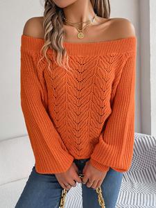 women's plain hollow out lantern sleeve sweater, casual off shoulder long sleeve jumper for fall & winter, women's knitwear top for daily wear