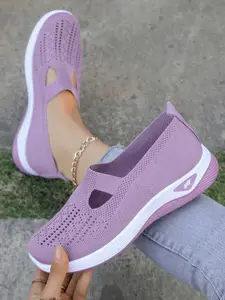 Women's Breathable Mesh Slip-On Sneakers, Hollow Out Knit Walking Shoes, Soft Sole Comfort Casual Flats for Daily Wear