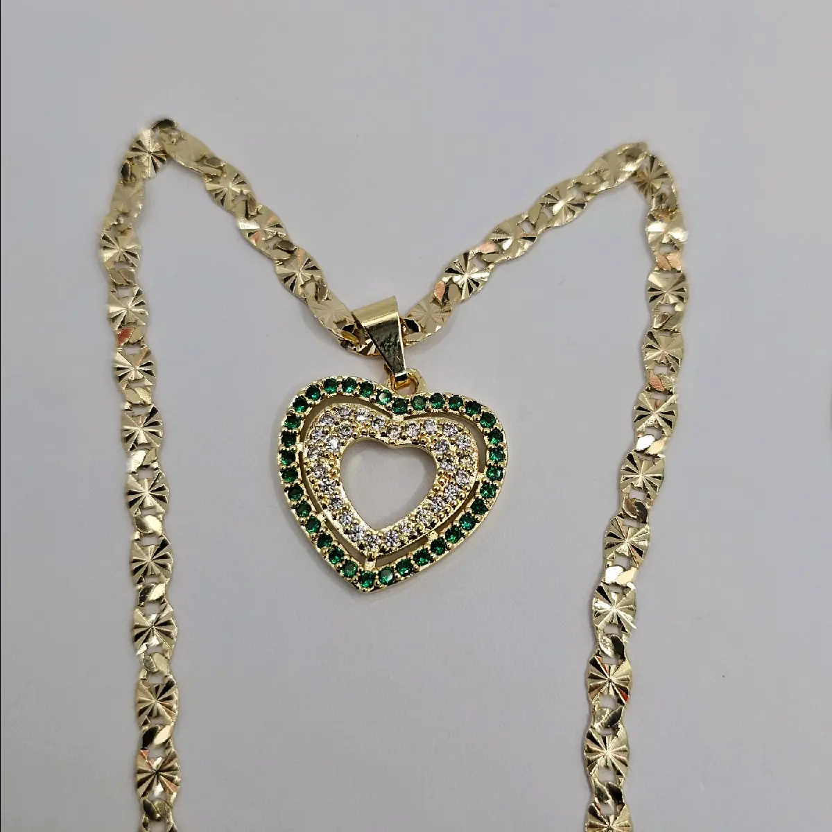 necklace with  green and clear stones, heart Gold-plated 18"inches 24"inches available