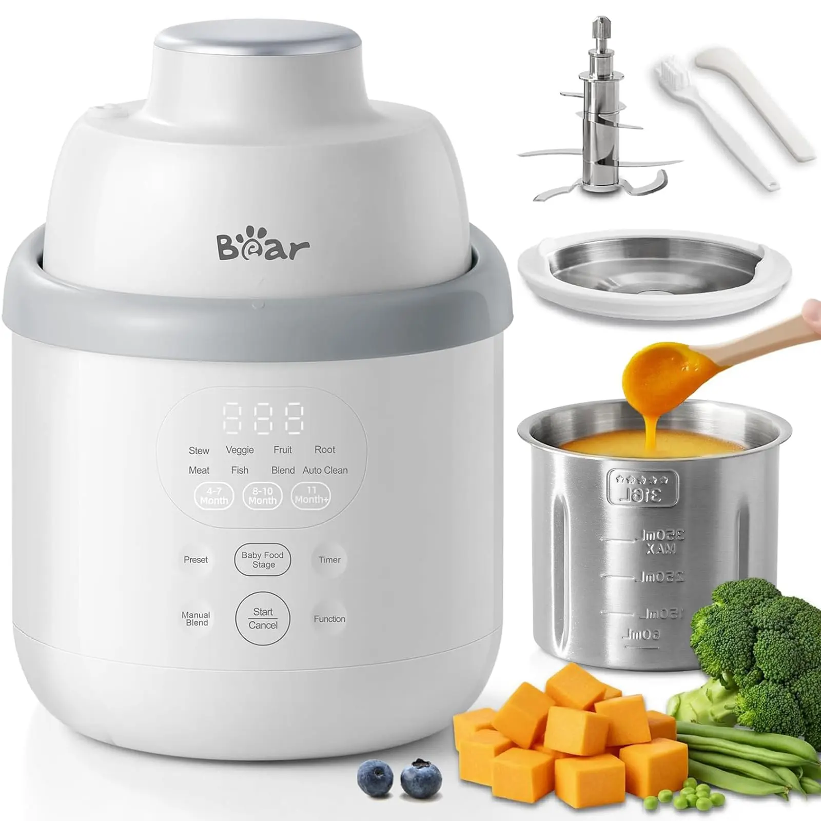 Bear NutriEase AllStage Stainless Steel Baby Food Maker Steamer and Blender, Truly OneStep Baby Food Processor Puree Maker Grinder Mills, Auto Cooking&Grinding for Healthy Homemade Baby Food, BPA-Free