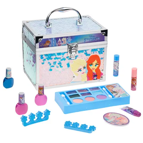 Disney Frozen Train Case Pretend Play Beauty Set - Real Washable Toy Makeup Kit with 3 Peelable Polishes, Lip Gloss, Compact, Brushes, Daughter Gift, Kids Christmas Gifts for Ages 3+, By Townley Girl
