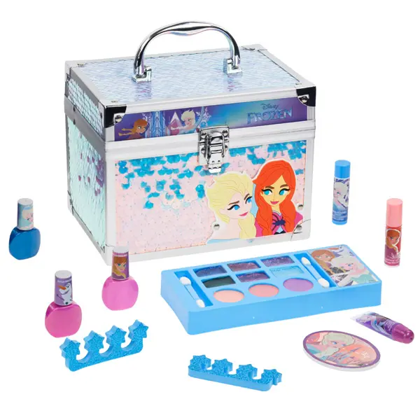 Disney Townley Girl Frozen Train Case Girls Beauty Set - Real Washable Toy Makeup Kit with 3 Peelable Polishes, Daughter Gift, Pretend Play Party Favor for Kids Ages 3+