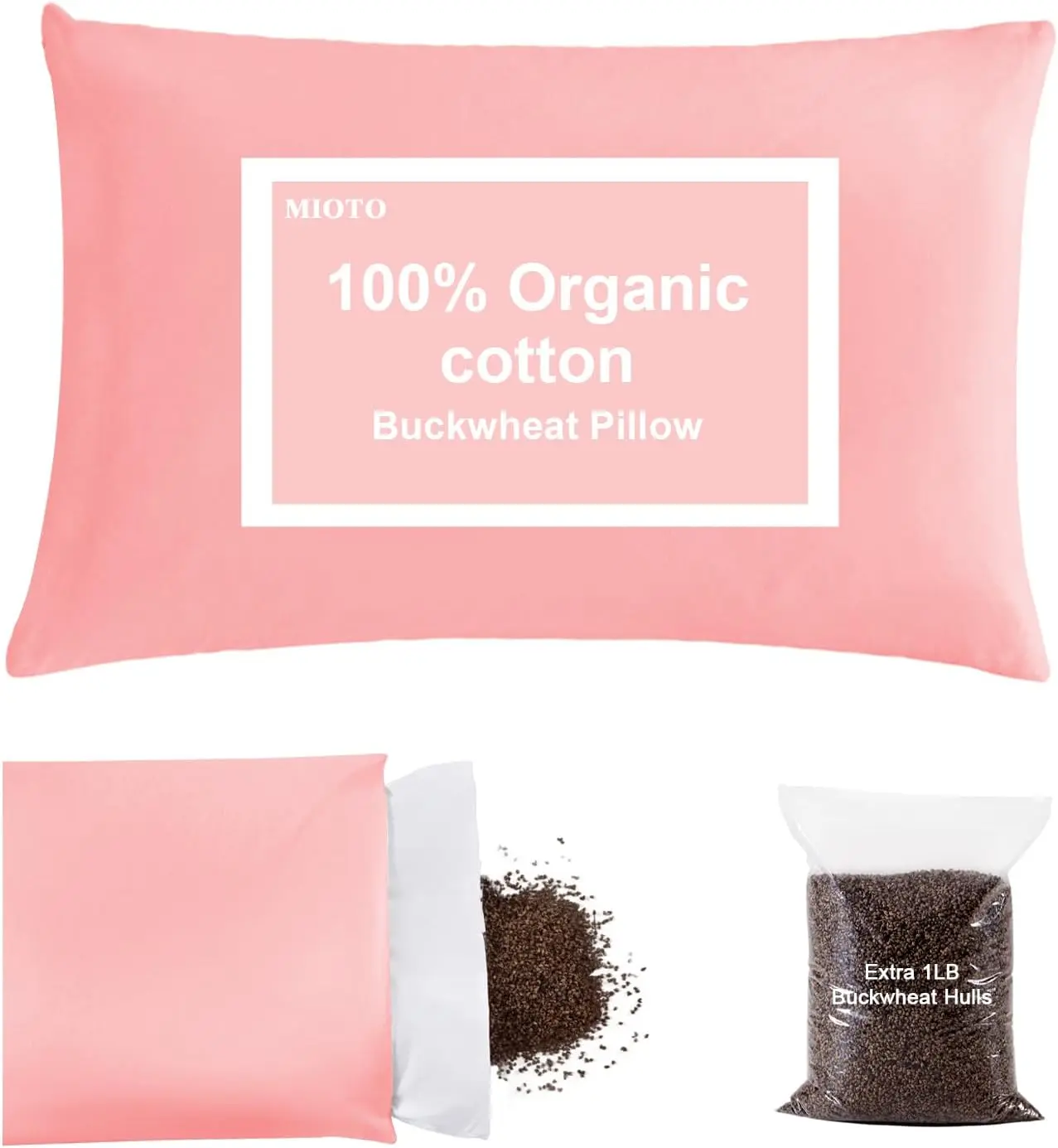 Organic Buckwheat Pillow for Sleeping with Dual-Layer Pillowcase and Extra Tartary Buckwheat Hulls, Adjust Height and Firmness, Neck Support Pillow for Back and Side Sleepers 20"x26", Pink