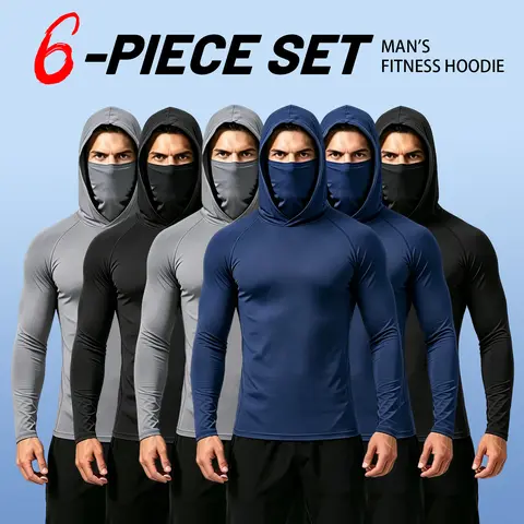 Men's 3-Piece Fitted Long Sleeve H-Type Integrated Hood Fitness Pullovers with Built-in Face Mask, UPF Sun Protection, Lightweight Elastic Breathable Polyester Sportswear for Fishing, Biking, Blue/Black/Gray, Machine Washable
