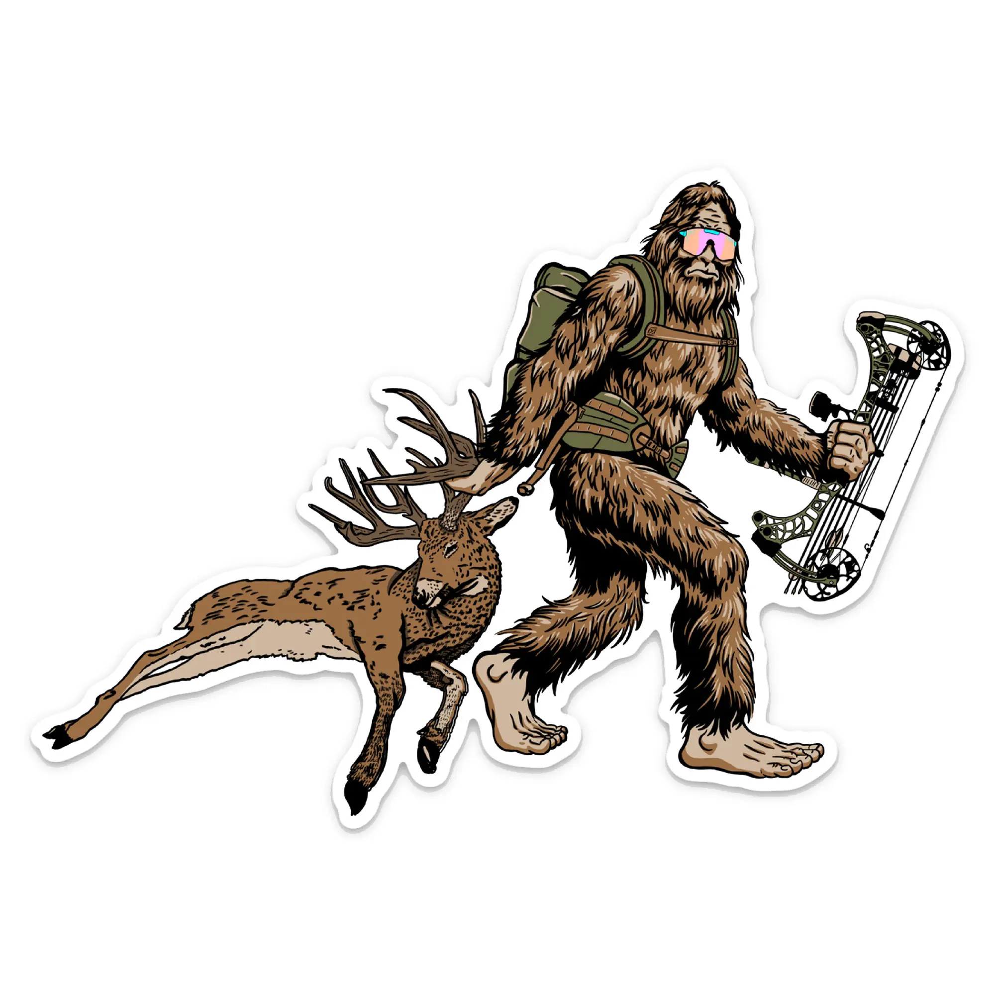 Bigfoot Snowboard Sticker, Funny Sasquatch with Deer Vinyl Decal, Christmas, Halloween Gift, For Hunting Fans, Car, Book, Phone Stickers
