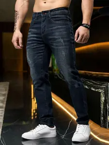 Men's Elastic Slim Fit Straight Leg Jeans, Business Casual Trendy Versatile Denim Long Pants, Natural Waist Zipper Fly, All Seasons