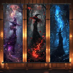 3 Counts Halloween Hanging Banner, Poster Of The Mysterious Jungle Witch, Halloween Decorative Poster, Exquisite Gift, Horrible theme, Party Poster, Living Room, Home Decoration, Wall Art Decor, Odorless, HD, Print, Artwork, Spooky