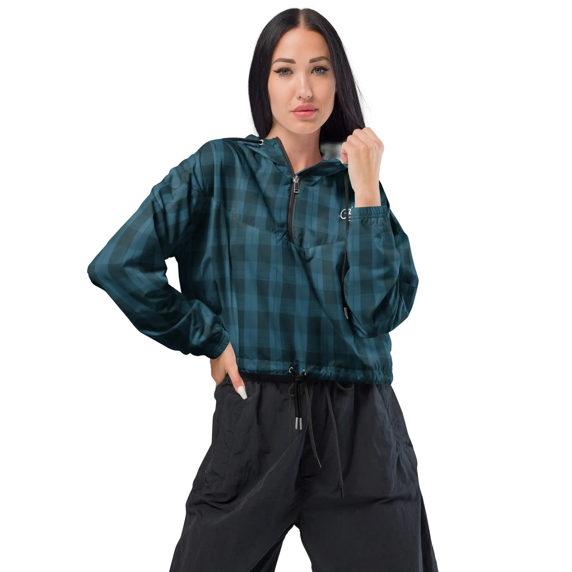 Teal Plaid Women’s Cropped Windbreaker