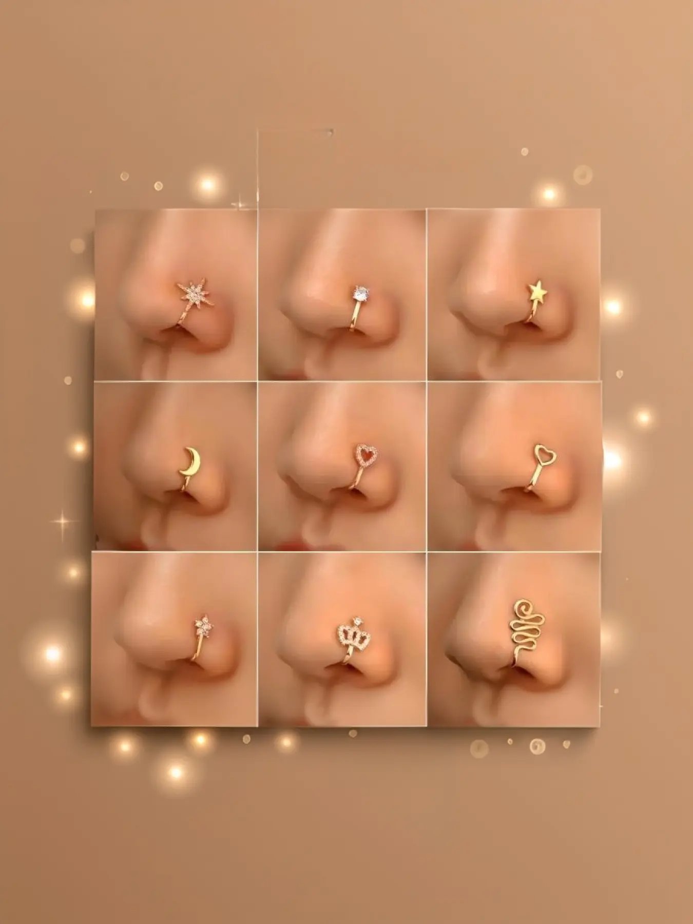 9pcs Body Jewelry, Nose Ring Jewelry, Copper Non Piercing Nose Rings, U Shape, Star, Crown Nose Clip with Zirconia, Punk Rhinestone Clip-On Gold, Septum Stainless Steel Charm