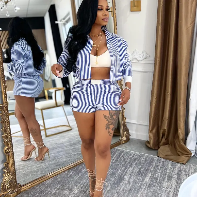 Women's Striped Print Crop Shirt & Shorts, Casual Short Sleeve Collared Top & Shorts for Daily Wear, Ladies Two-piece Outfits for Spring & Summer, Blouse Shorts Set, Matching Clothing Set, Casual Fashion Set