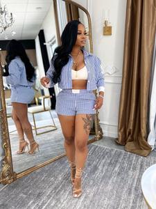women's striped print crop shirt & shorts, casual short sleeve collared top & shorts for daily wear, ladies two-piece outfits for spring & summer, clothes, womenswear, two piece set women, casual matching set