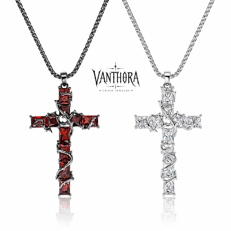 [VA RA] Unisex Thorn-Wrapped Cross Matching Sets Necklaces - Red-Black & Silver-White CZ-Style Metal Coating Pendants, Dark Gothic-Inspired Style Chain & Link Jewelry, Casual Retro Punk Y2K Hip Hop Streetwear, Gift for Him Her