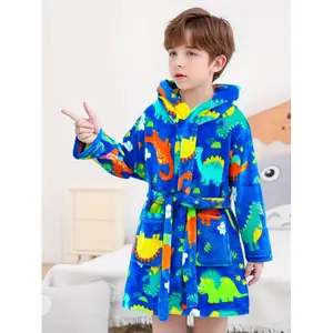 Children's Hooded Bathrobe, Autumn/Winter Flannel Comfortable Homewear Boys, Medium to Large Size, Cartoon Dinosaur Print