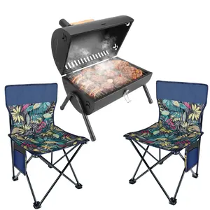 Portable Tabletop Charcoal Grill with 2 Pack Folding Camping Chairs Set, Heavy Duty Outdoor BBQ Grill + Oxford Fabric Foldable Lawn Chair for Picnic Camping Backyard Beach Fishing