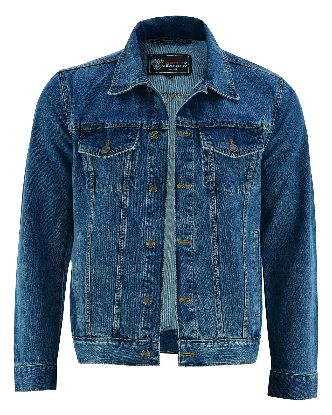Mens Blue Heavy Duty Denim Button Front Motorcycle Jacket, Jean Jacket for Men