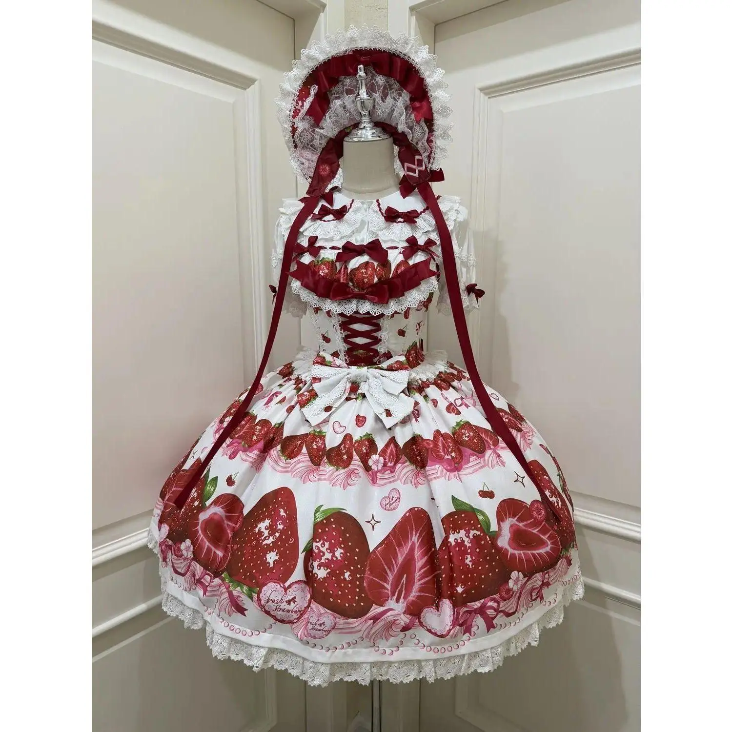 Women's 2026 Summer Lolita Costume Outfit - Strawberry Print Lace Hollow Floral Camisole Jumper Skirt, Kawaii Clothes for Vacation Daily Wear