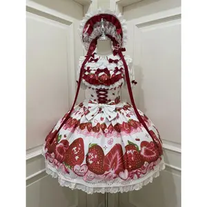 Cosplay Girl Outfit 2026 Summer Strawberry JumperSkirts Lolita Camisole Dress Lace Hollow Floral Print Kawaii Vacation Daily