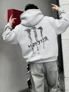 Monster Text Patchwork Graphic Hoodie, Dark Experiment Print, Punk Aesthetic, Tiktok Trendy Subculture Fashion, Gothic Party Streetwear QH2