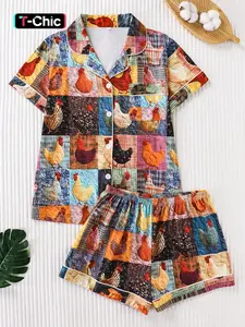Women's Two-Piece Rooster Full-Print Sleepwear Set, Soft Breathable Fabric, Casual Fitted Short Sleeve Top and Shorts, All Seasons Pajamas, Pj Sets