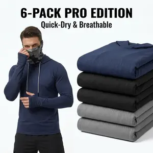 【6-Pack】PRO Men's Sun Block Hooded Shirts, Built-in Balaclava Mask & Thumbholes Quick Dry Athletic Tops