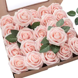 25pcs Artificial Flowers Real Looking Blush Foam Fake Roses with Stems, for DIY Wedding Bouquets Bridal Shower Centerpieces Party Decorative