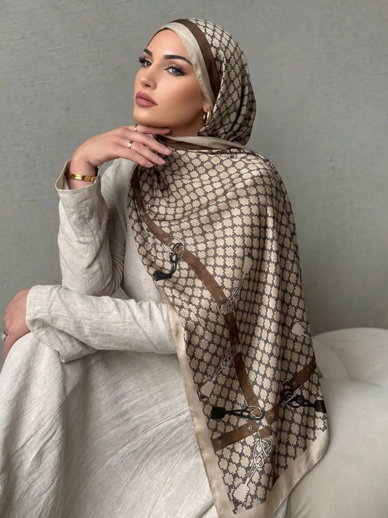 1PC Women's Geometric Print Cotton Linen Hijab, Soft Breathable Long Scarf Shawl, Muslim Modesty Daily Wear Headscarf, Elegant Eamadan Gift