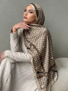 1PC Women's Geometric Print Cotton Linen Hijab, Soft Breathable Long Scarf Shawl, Muslim Daily Wear Headscarf, Elegant Eamadan Gift