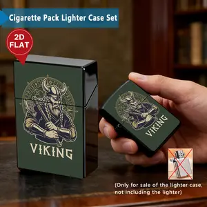 Cast Iron Lighter Shell & Plastic Cigarette Case Set - 2D Printed Viking Retro Protective Accessories, Ideal 2026 New Year/Valentine's Day Gift for Husbands
