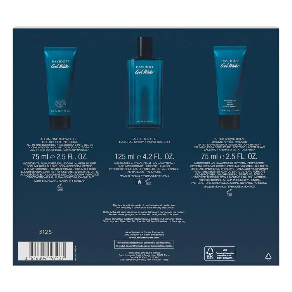 Cool Water by Davidoff for Men 3 Piece Set Includes: 4.2 oz Eau de Toilette Spray + 2.5 oz After Shave Balm + 2.5 oz Shower Gel Body Care Scent