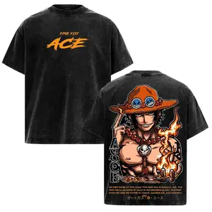 One Piece Fire Fist Ace Vintage Washed Graphic Tee Unisex Anime Manga T-Shirt Y2K Streetwear Oversized Black Shirt For Men Women Otaku Gift Blazing Legacy Devil Fruit Logia Tops Custom Anime Merch Japanese Fashion TikTok Clothing Trend Summer Outfits