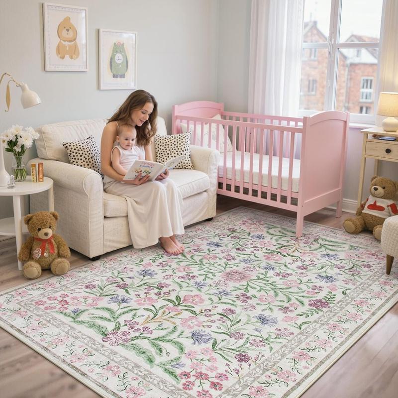 Lahome Flower Washable Area Rugs, Non-Slip Soft Rug for Dining Room, Living Room, Bedroom and Kitchen, Spring Rugs for Decor