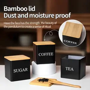 Set of 3 metal tea, coffee, and sugar containers with wooden lids for kitchen storage Coffee Station Organizer – coffee, tea, and sugar storage boxes – black or white home organization containers for everyday items and gifts Air Tight Sealed