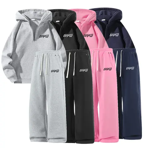 Men's 2-Piece Stylish Casual Tracksuit Clothes Set - Half-Zip Polyester Fabric Sweatshirt Top, Drawstring-Waist Pocket Detail Sweatpants, EEGHJJ Printed Design, Ideal for Spring, Autumn Outfits