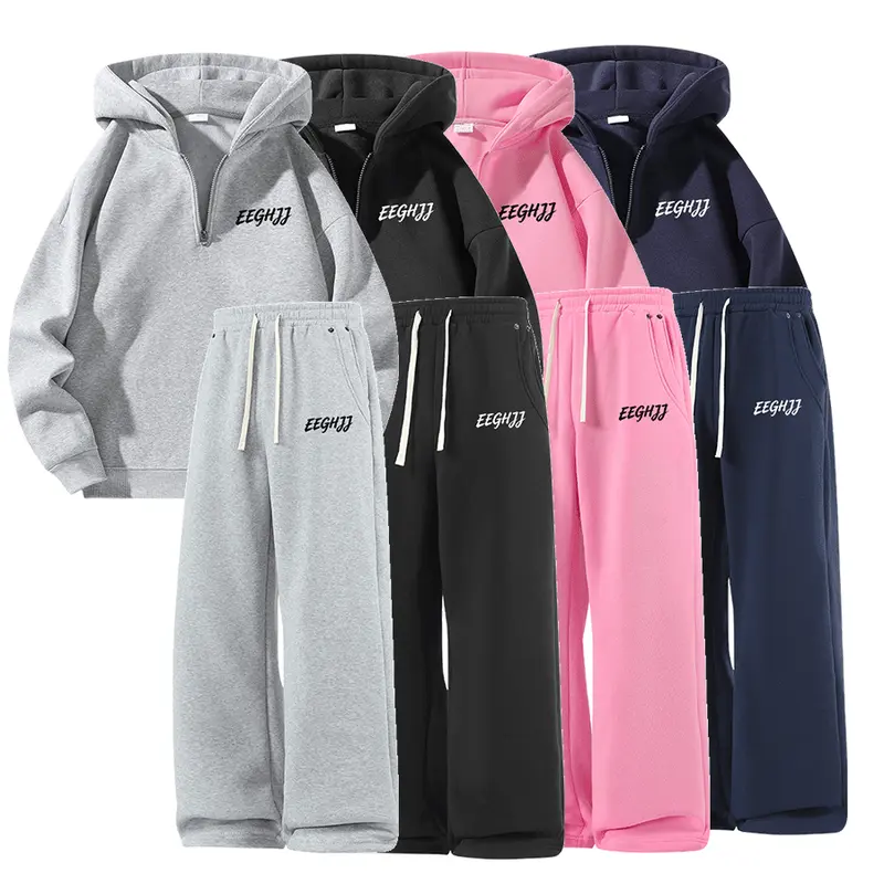 Men's 2-Piece Stylish Casual Tracksuit Clothes Set - Half-Zip Polyester Fabric Sweatshirt Top, Drawstring-Waist Pocket Detail Sweatpants, EEGHJJ Printed Design, Ideal for Spring, Autumn Outfits