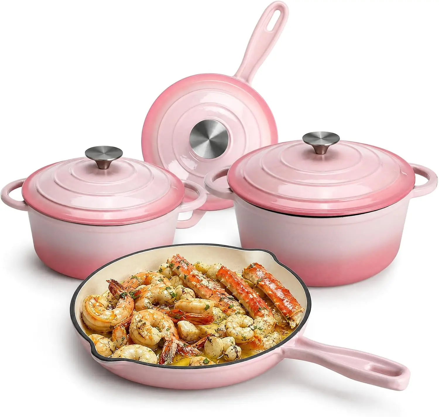 LIFERUN 7Pcs Enameled Cast Iron Cookware Set, Cast Iron Pots and Pans Set 2 Dutch Ovens, Saucepan, Skillet & 3 Lids, Oven Safe to 550°F, Compatible with Gas, Electric & Induction, PFOA & PFAS Free