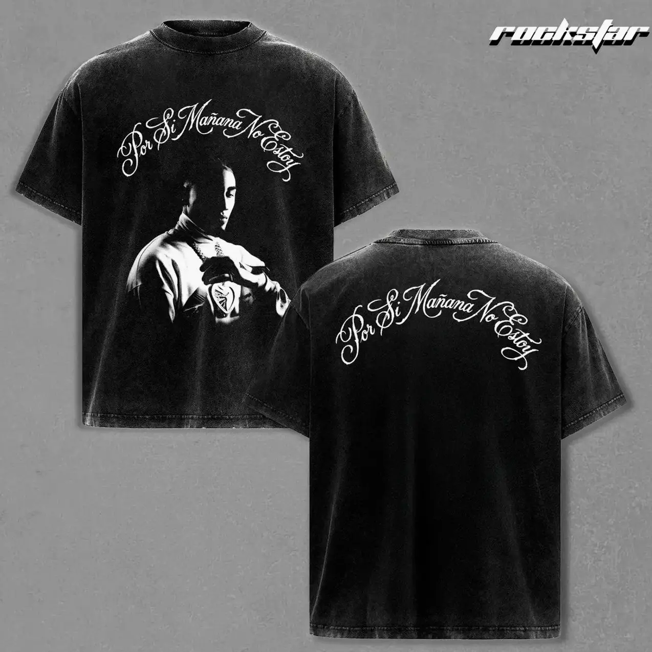 Omar Courtz Merch Por Si Mañana No Estoy Menswear Round Neck Washed Black Short-Sleeve Top - Premium Heavyweight Soft Seamless Cotton Oversized Casual T-Shirt, Elegant Portrait Graphic, Comfortable Streetwear for Corridos Music Fans