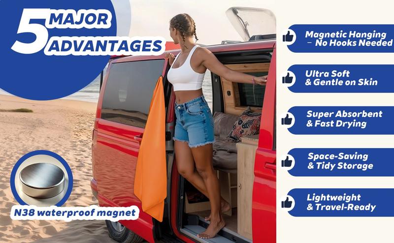 Magnetic Bath Towel Extra Large Quick-Drying Beach Towel Double-Sided Velvet Soft Portable Travel 4-Corner Magnets 520G Load