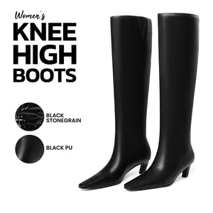 Knee High Boots for Women Square Toe Kitten Heel Pull On Wide Calf Comfortable Fashion Party Dress Date Nightclub Tall Kitten Heel Boots crocodile Booties