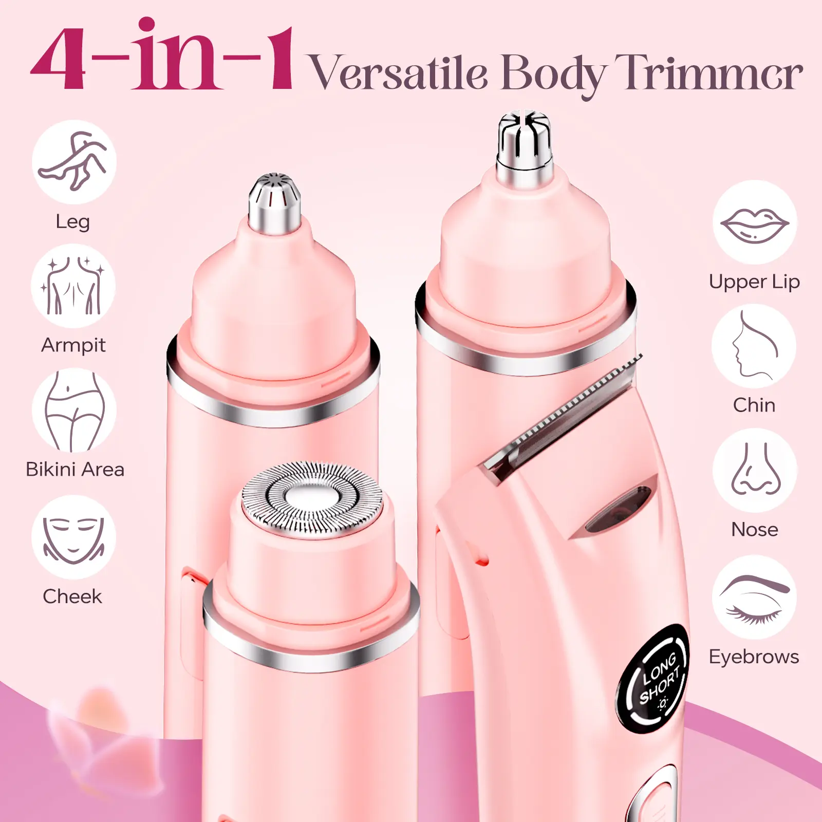 Bikini Trimmer for Women, Electric Shaver and Razor Rechargeable 4-in-1 Body and Facial Epilator, Dual Heads for Painless Trimming of Pubic Hair, Face, Underarms , Eyebrows and Nose Legs, Summer Gift