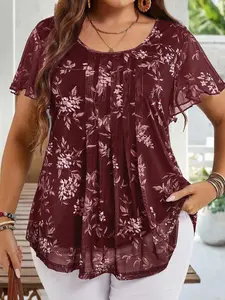 Plus Size Floral Shirt, Flowy Loose Pleated Sleeve Women's Top, Casual Summer Waist-Tied Blouse, Breathable Summer Shirt for Workdays and Weekends, Curvy